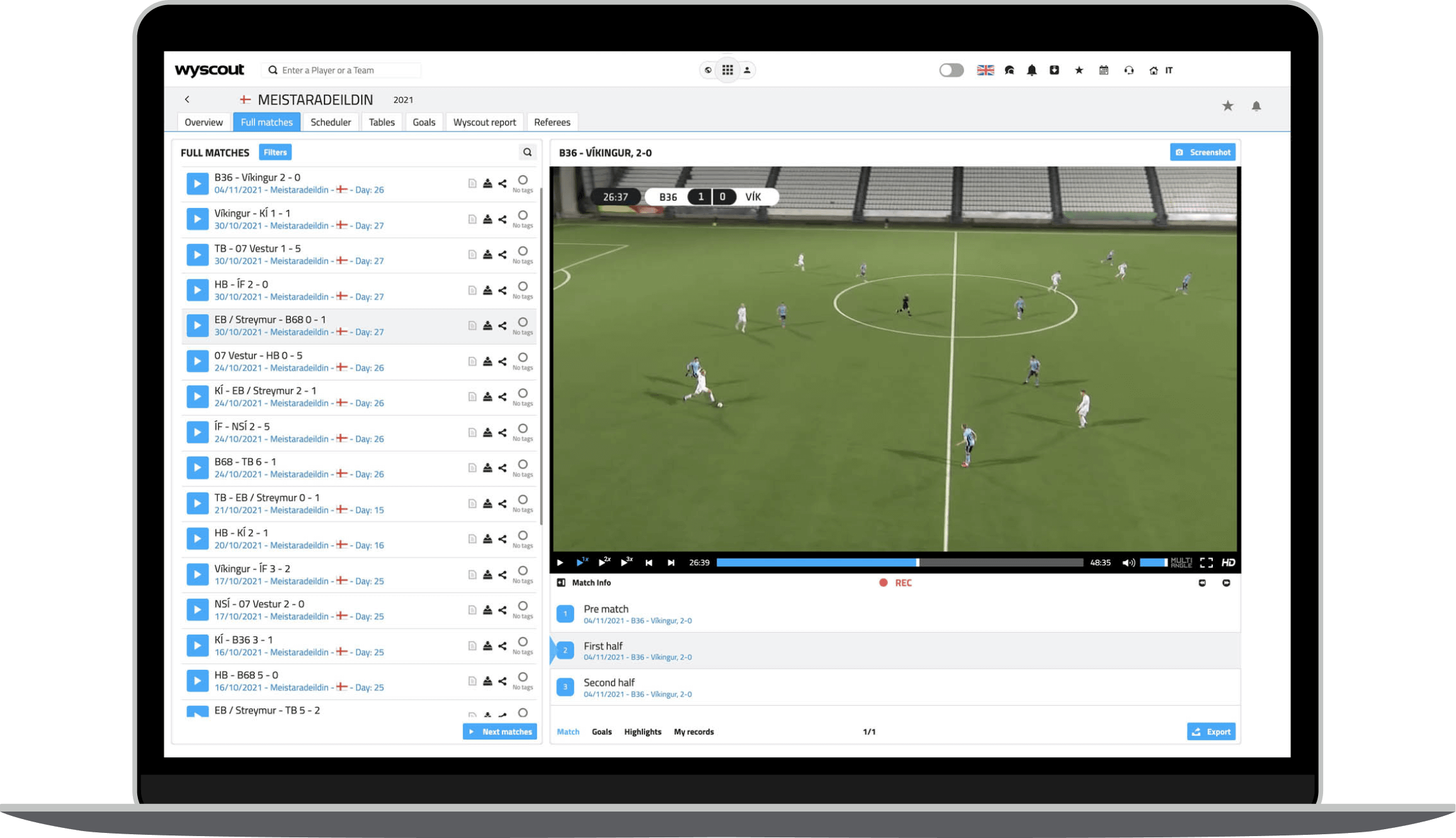 Wyscout interface on a laptop